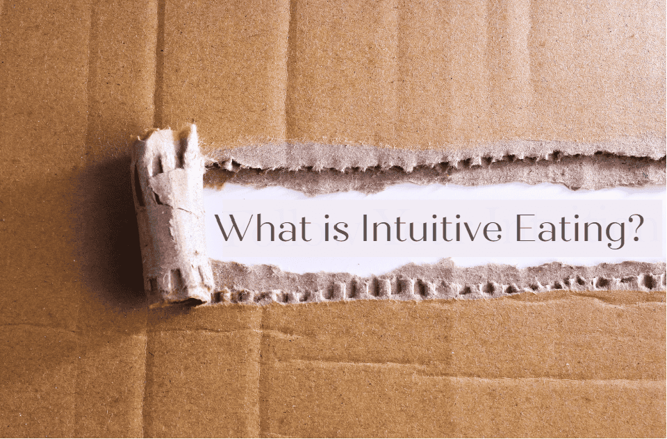 Graphic image. 'What Is Intuitive Eating' title layered over soft cardboard graphic